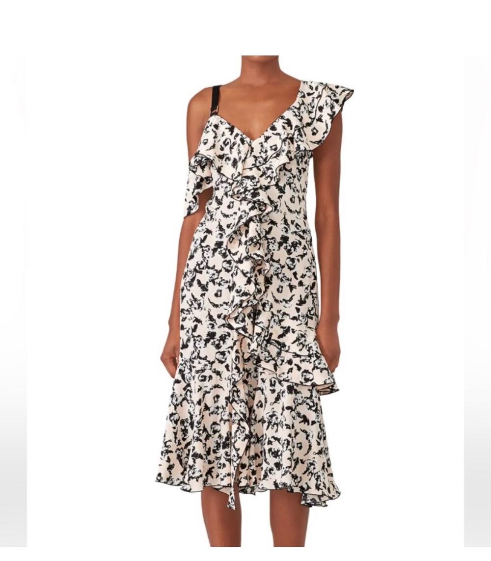 Proenza Schouler Black White Scribble Rose Silk Midi Dress. Size 2.